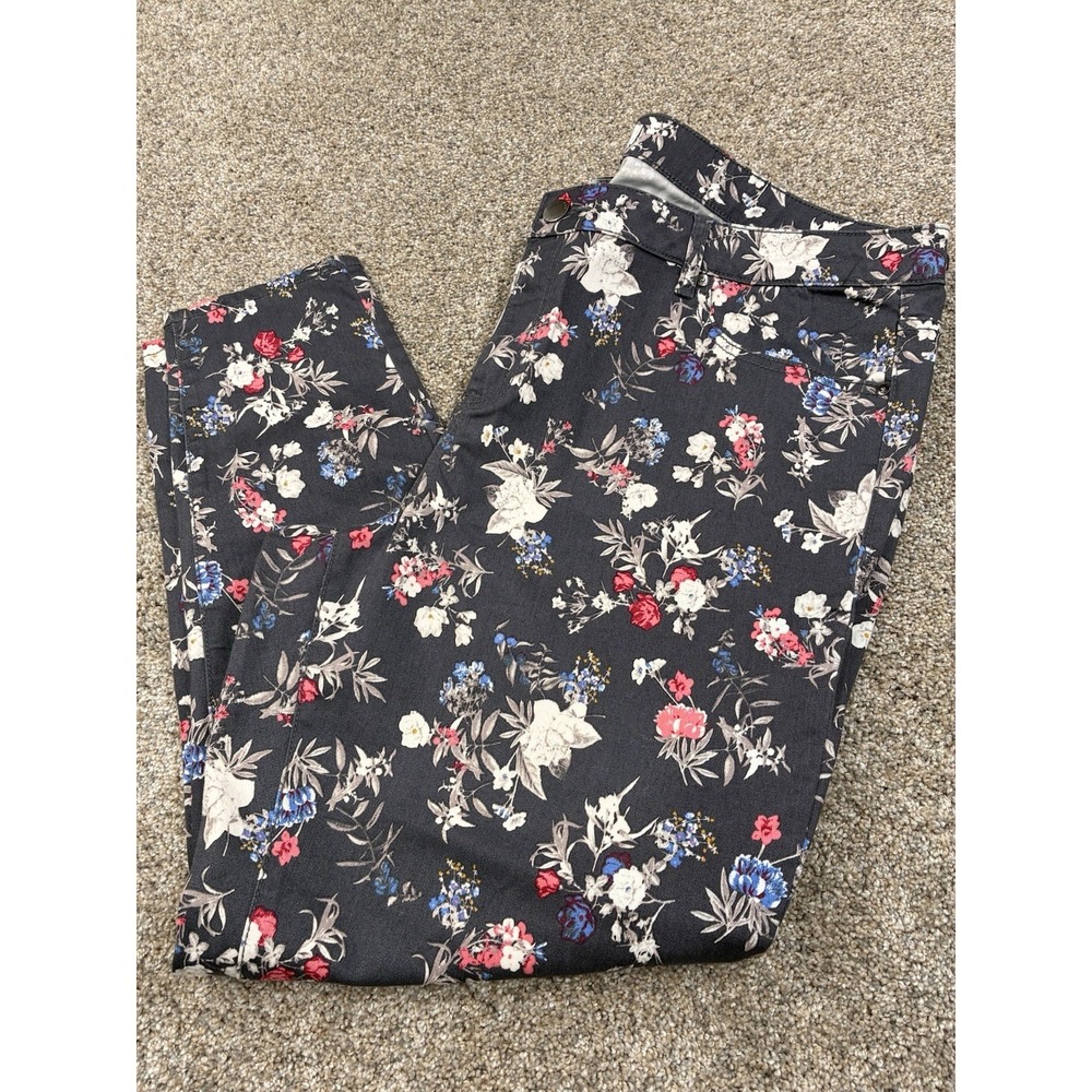 Lane Bryant Womens Black Floral Cotton Mid Rise Skinny Leg Pant Size 22R #0084